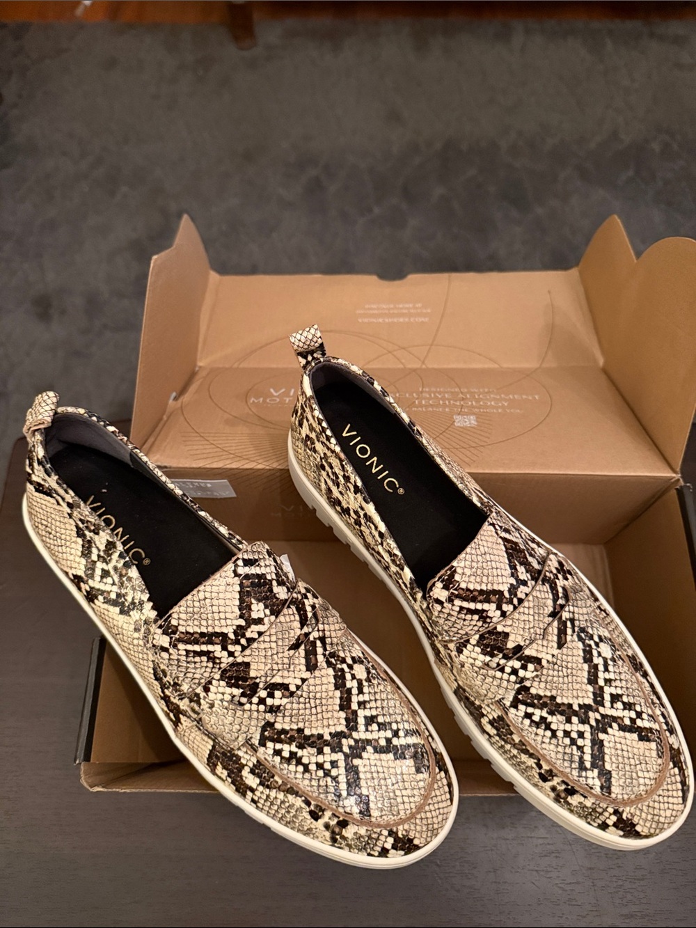 Vionic Uptown Snake-Print Slip-On Loafers in Beige and Black